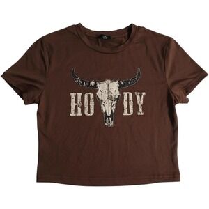 SHEIN Brown Howdy Steer Skull Graphic Crop Top Short Sleeve Western Tee Small
